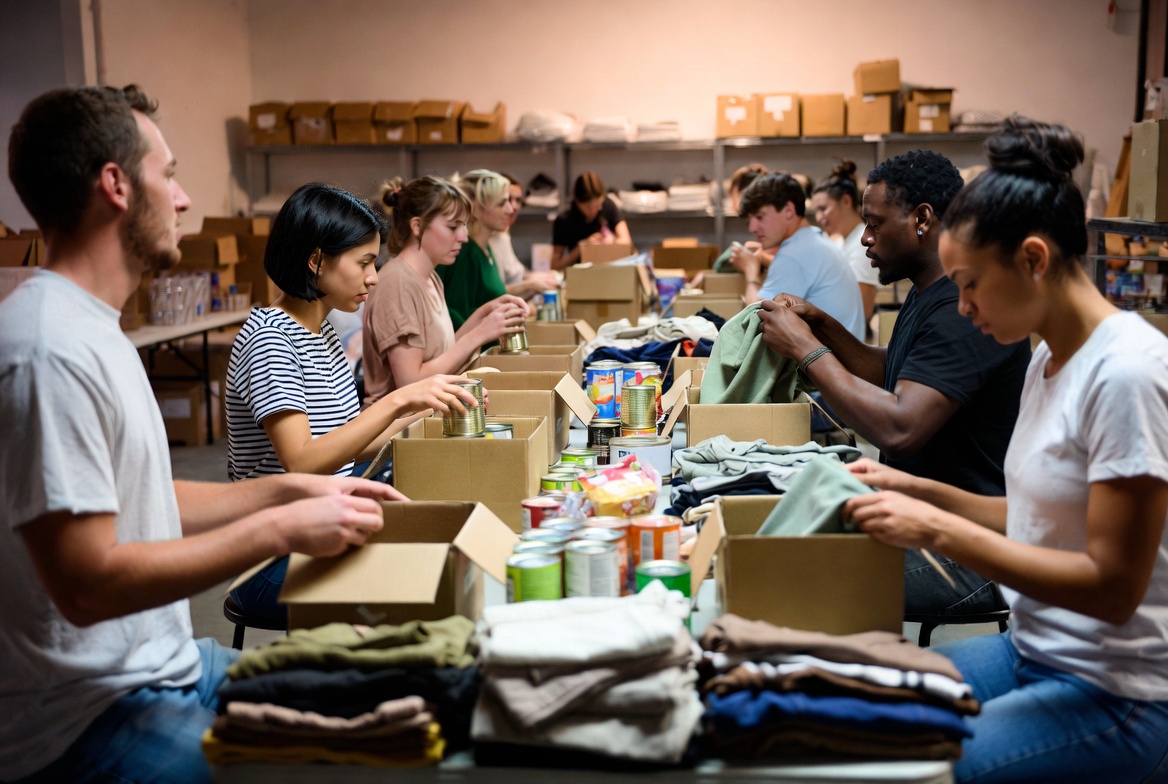 Volunteers packing donations